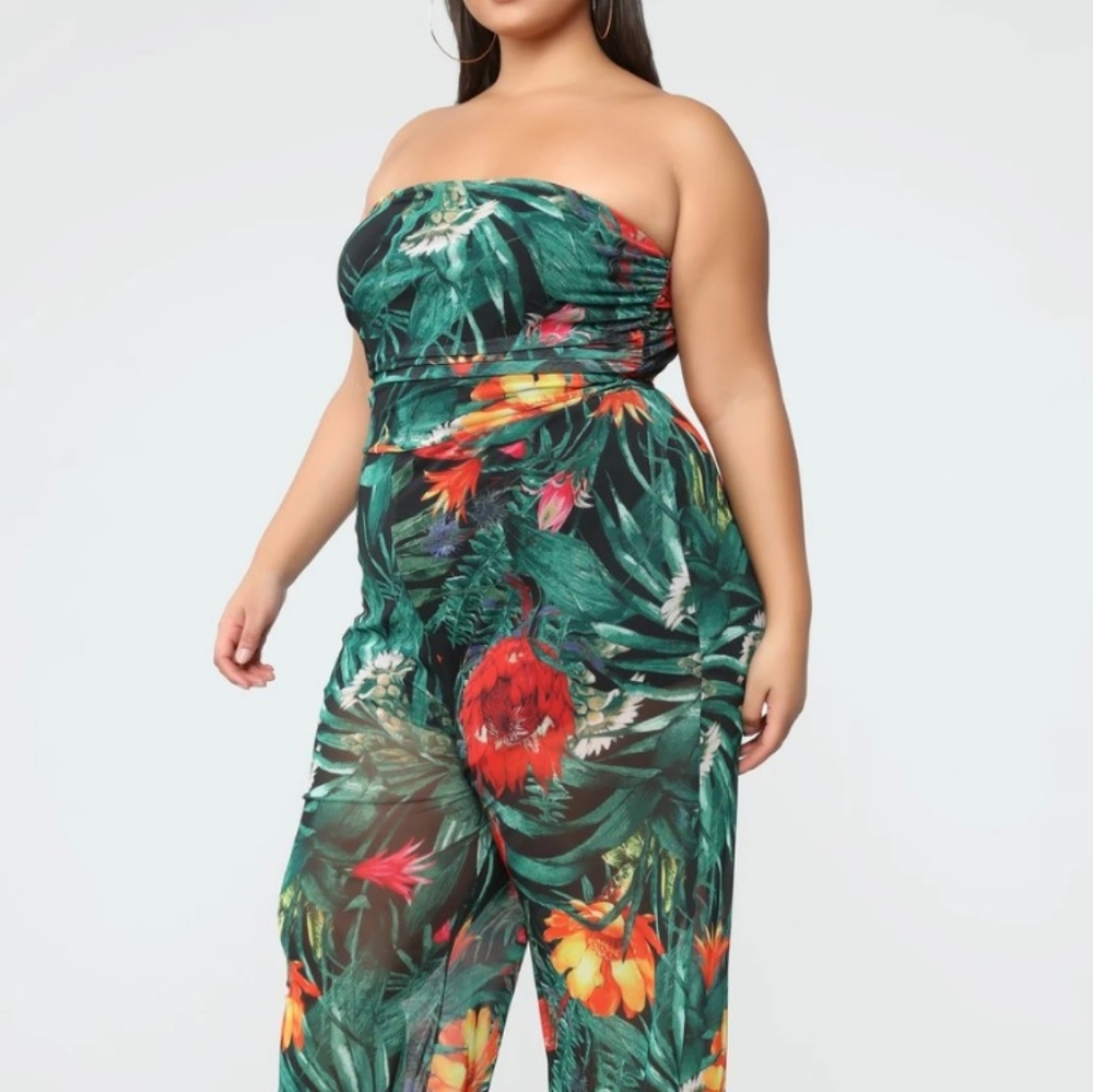 Long length strapless floral mesh jumpsuit